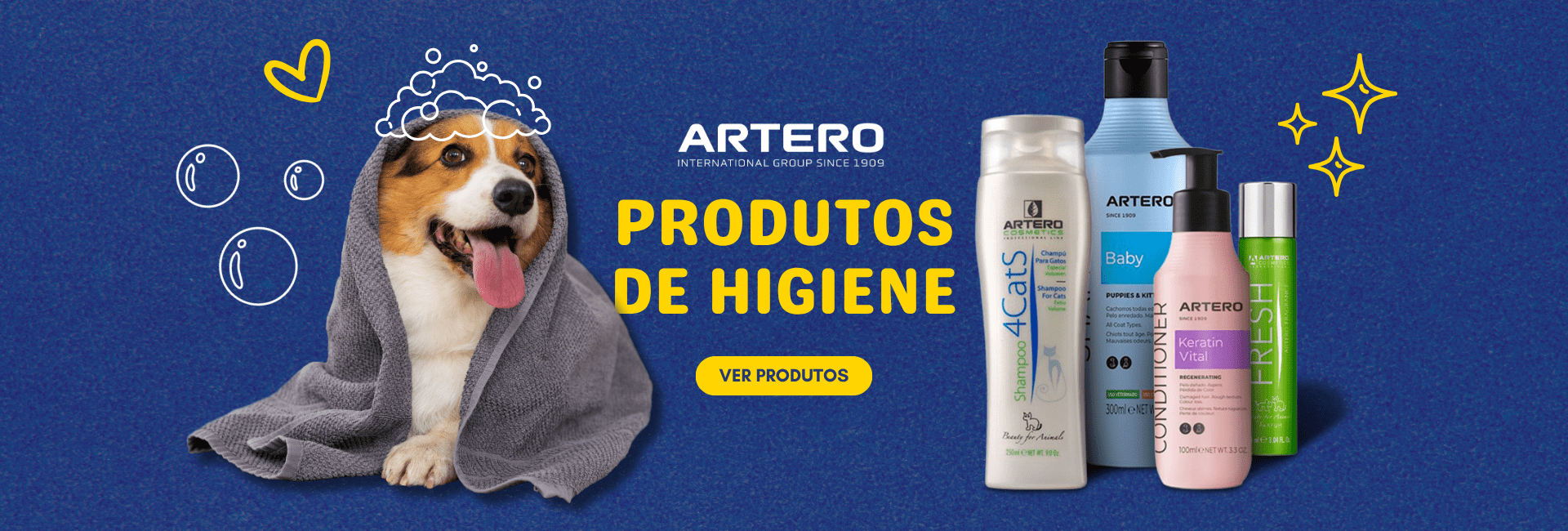 Produtos de higiene Artero para cão e gato — champô, condicionador e spray disponíveis em racivet.pt