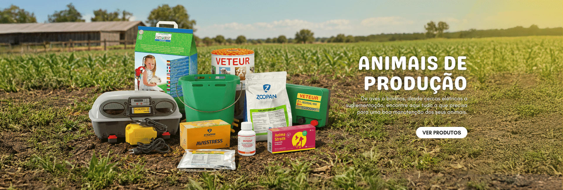 Produtos para animais de produção na Racivet — incubadoras, cercas elétricas, suplementação e vitaminas para aves, bovinos e gado, das marcas Veteur, Zoopan e Anima Strath