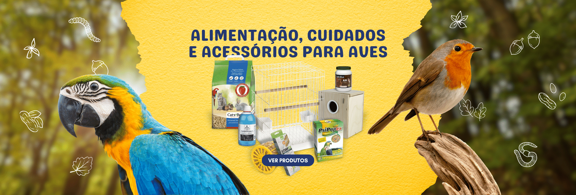 Produtos para aves na Racivet, incluindo alimentação, gaiolas, ninhos, suplementos e acessórios para papagaios, periquitos e pássaros, com marcas como PsiPapex e NutroBird