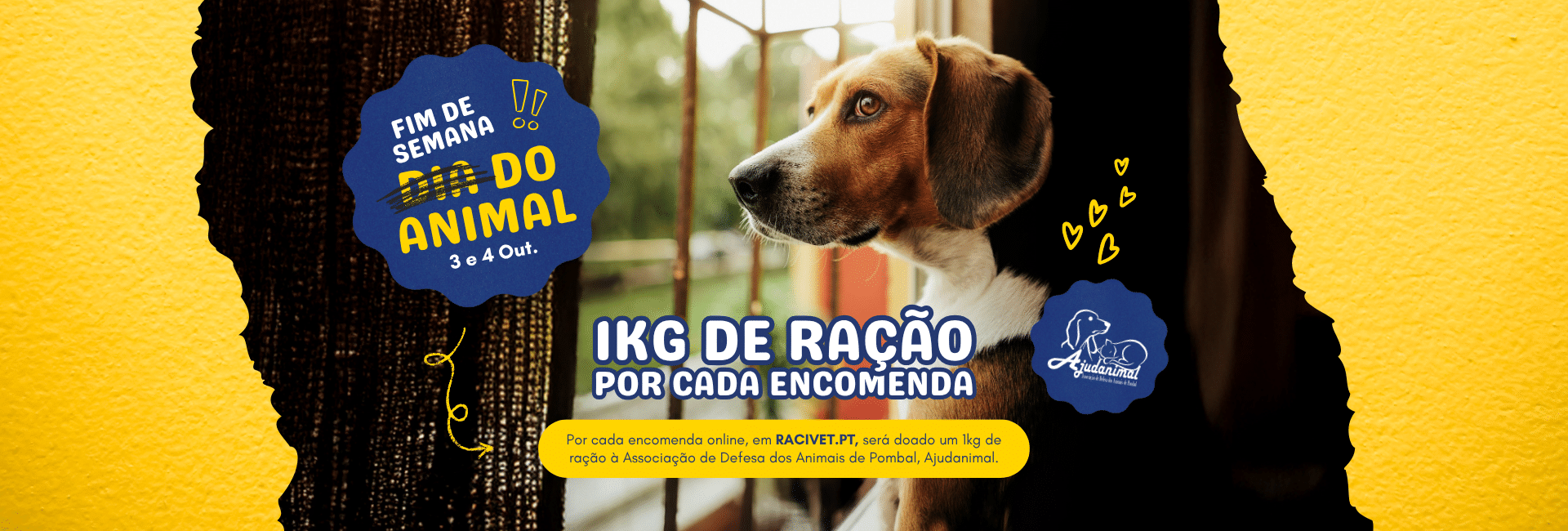 Promoção Dia do Animal Racivet — 1 kg de ração doado à Ajudanimal Pombal por cada encomenda online de produtos para animais, 3 e 4 de outubro 2026